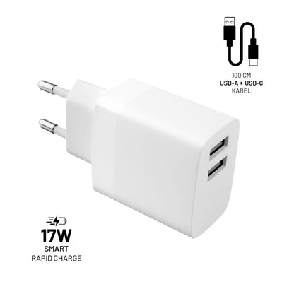 Nettlader med USB-C-kabel Fixed, 17W, 3A, 2 x USB-A, Hvit