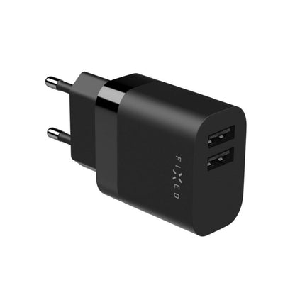 Nettlader med USB-C-kabel Fixed, 17W, 3A, 2 x USB-A, Svart