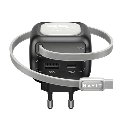 Nettlader med USB-C-kabel HAVIT UC251, 35W, 3A, 1 x USB-A - 1 x USB-C, Svart Grå
