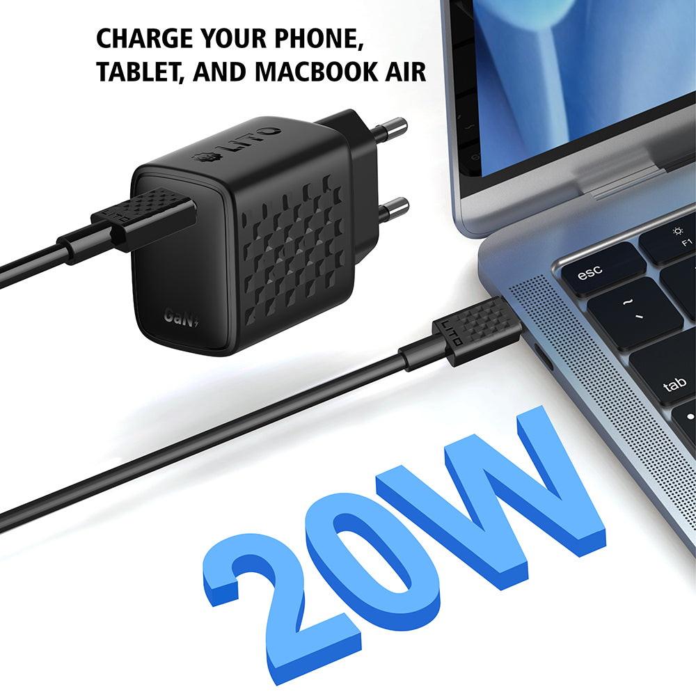 Nettlader med USB-C-kabel Lito LC13T, 20W, 3A, 1 x USB-C, Svart