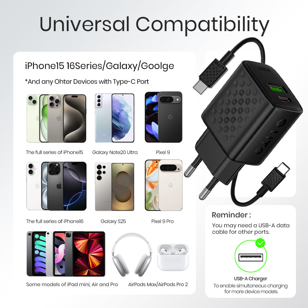 Nettlader med USB-C-kabel Lito LC15T, 20W, 3A, 1 x USB-A - 1 x USB-C, Svart