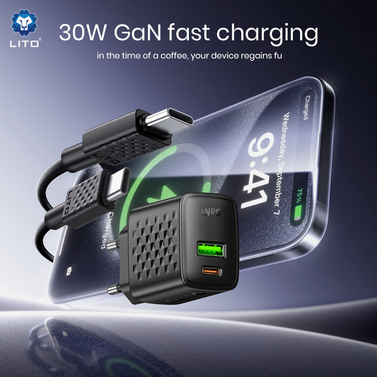 Nettlader med USB-C-kabel Lito LC19T, 30W, 3A, 1 x USB-A - 1 x USB-C, Svart