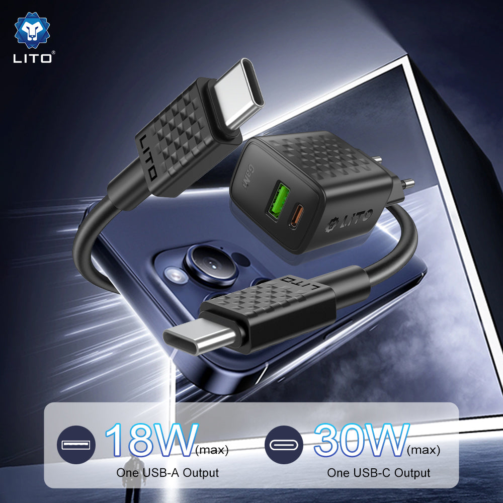 Nettlader med USB-C-kabel Lito LC19T, 30W, 3A, 1 x USB-A - 1 x USB-C, Svart