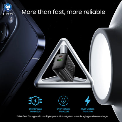 Nettlader med USB-C-kabel Lito LC19T, 30W, 3A, 1 x USB-A - 1 x USB-C, Svart