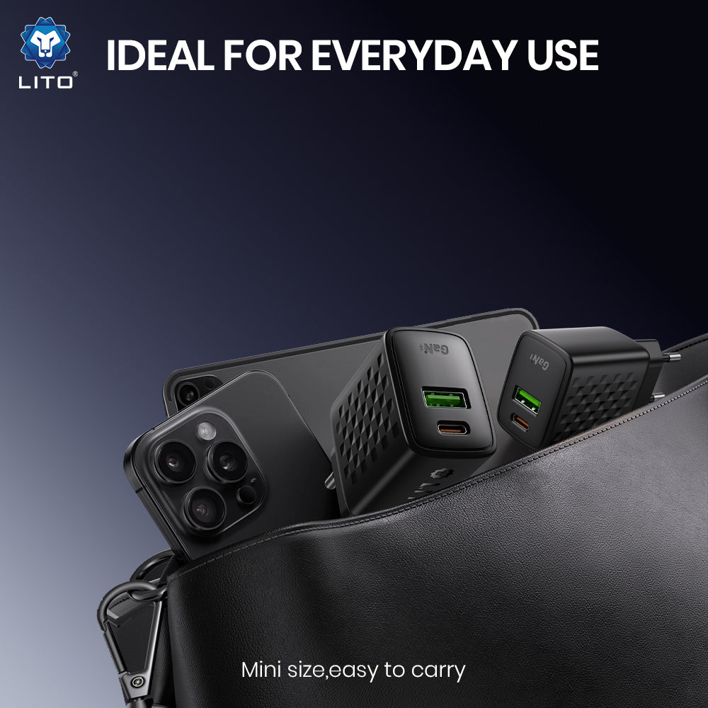 Nettlader med USB-C-kabel Lito LC19T, 30W, 3A, 1 x USB-A - 1 x USB-C, Svart