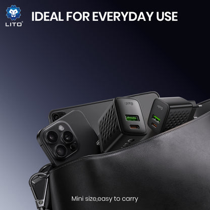 Nettlader med USB-C-kabel Lito LC19T, 30W, 3A, 1 x USB-A - 1 x USB-C, Svart