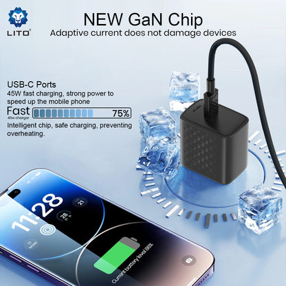 Nettlader med USB-C-kabel Lito LC20T, 45W, 3A, 1 x USB-C, Svart