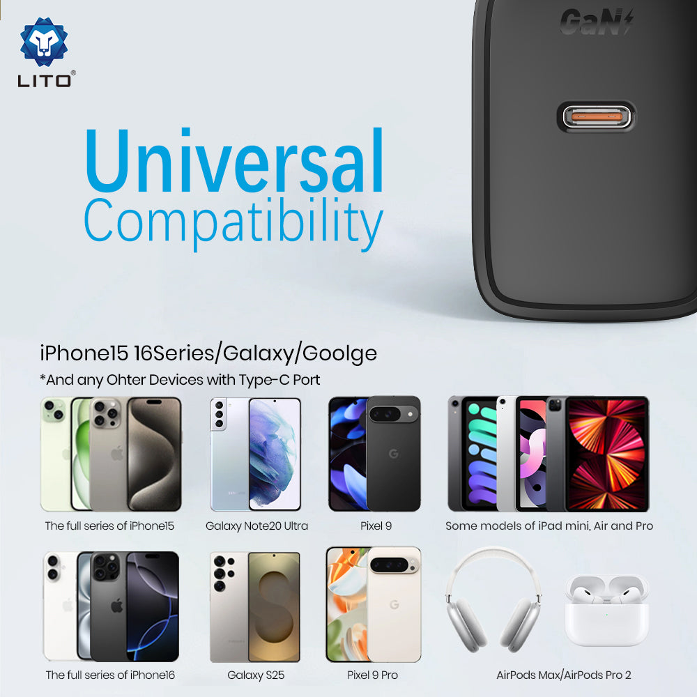 Nettlader med USB-C-kabel Lito LC20T, 45W, 3A, 1 x USB-C, Svart