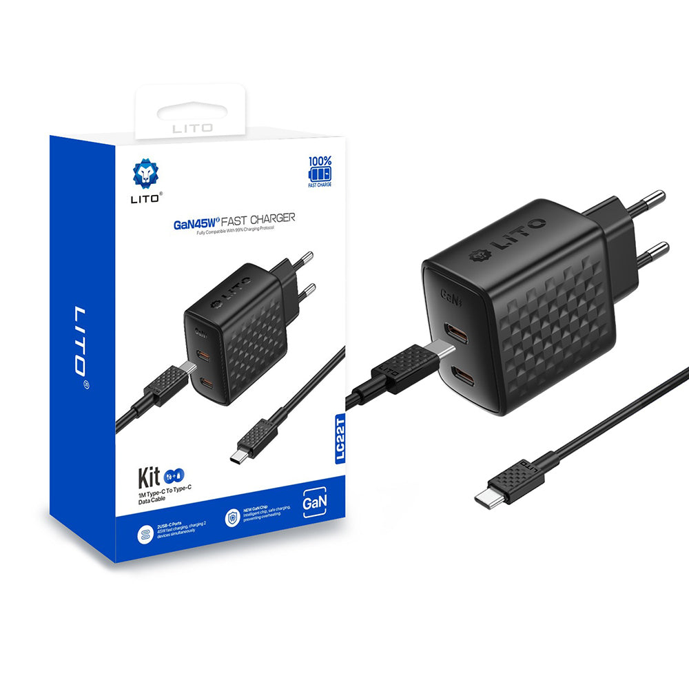 Nettlader med USB-C-kabel Lito LC22T, 45W, 3A, 2 x USB-C, Svart