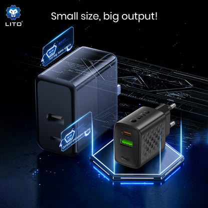 Nettlader med USB-C-kabel Lito LC24T, 65W, 3.25A, 1 x USB-A - 1 x USB-C, Svart