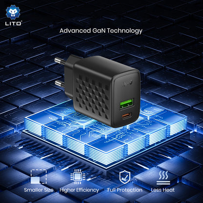 Nettlader med USB-C-kabel Lito LC24T, 65W, 3.25A, 1 x USB-A - 1 x USB-C, Svart