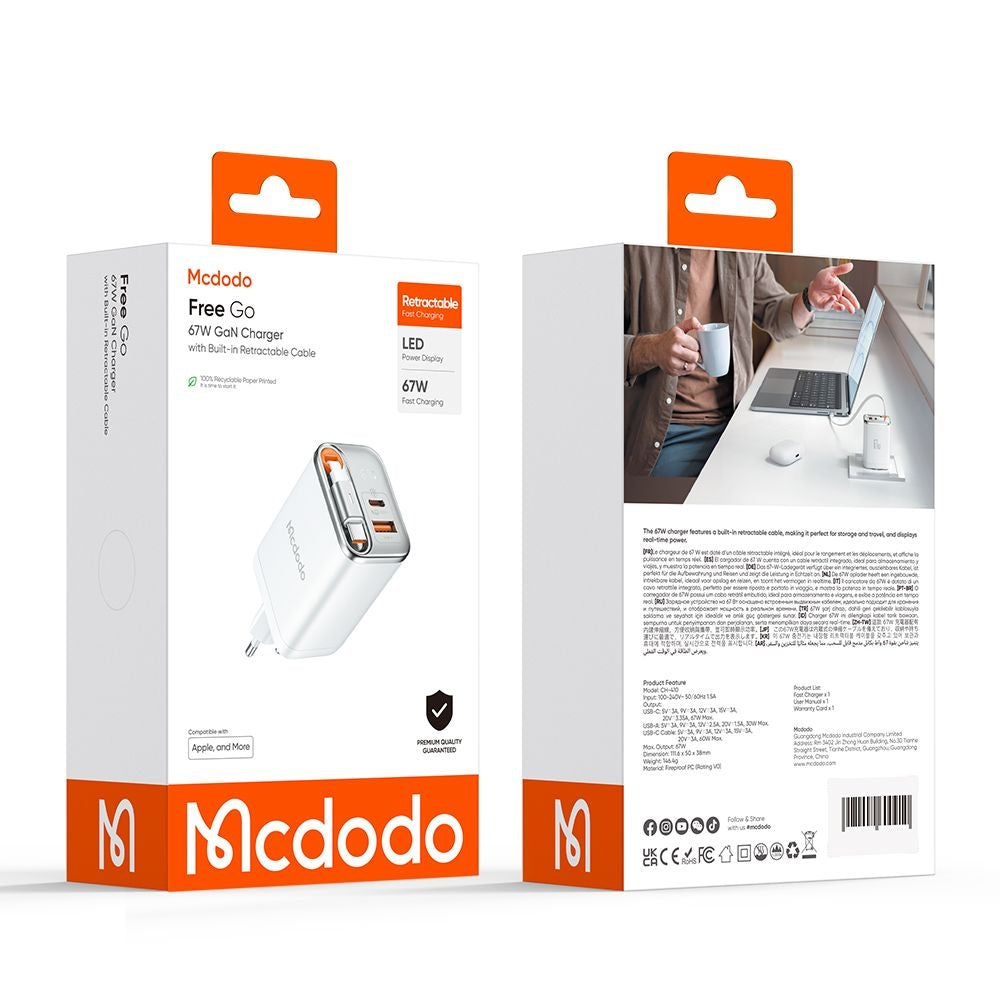 Nettlader med USB-C-kabel McDodo CH-4103 FreeGo Display, 67W, 3.35A, 1 x USB-A - 1 x USB-C, Hvit