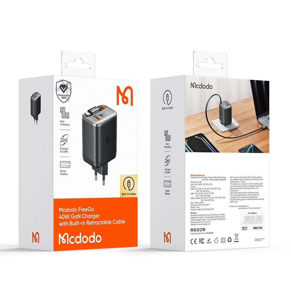 Nettlader med USB-C-kabel McDodo CH-4281 FreeGo Display, 40W, 3A, 1 x USB-A - 1 x USB-C, Svart