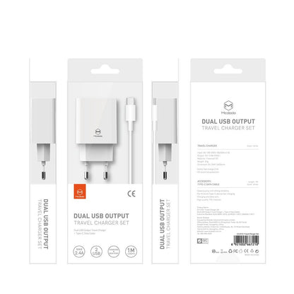 Nettlader med USB-C-kabel McDodo CH-6721 Tilbud, 12W, 2.4A, 2 x USB-A, Hvit