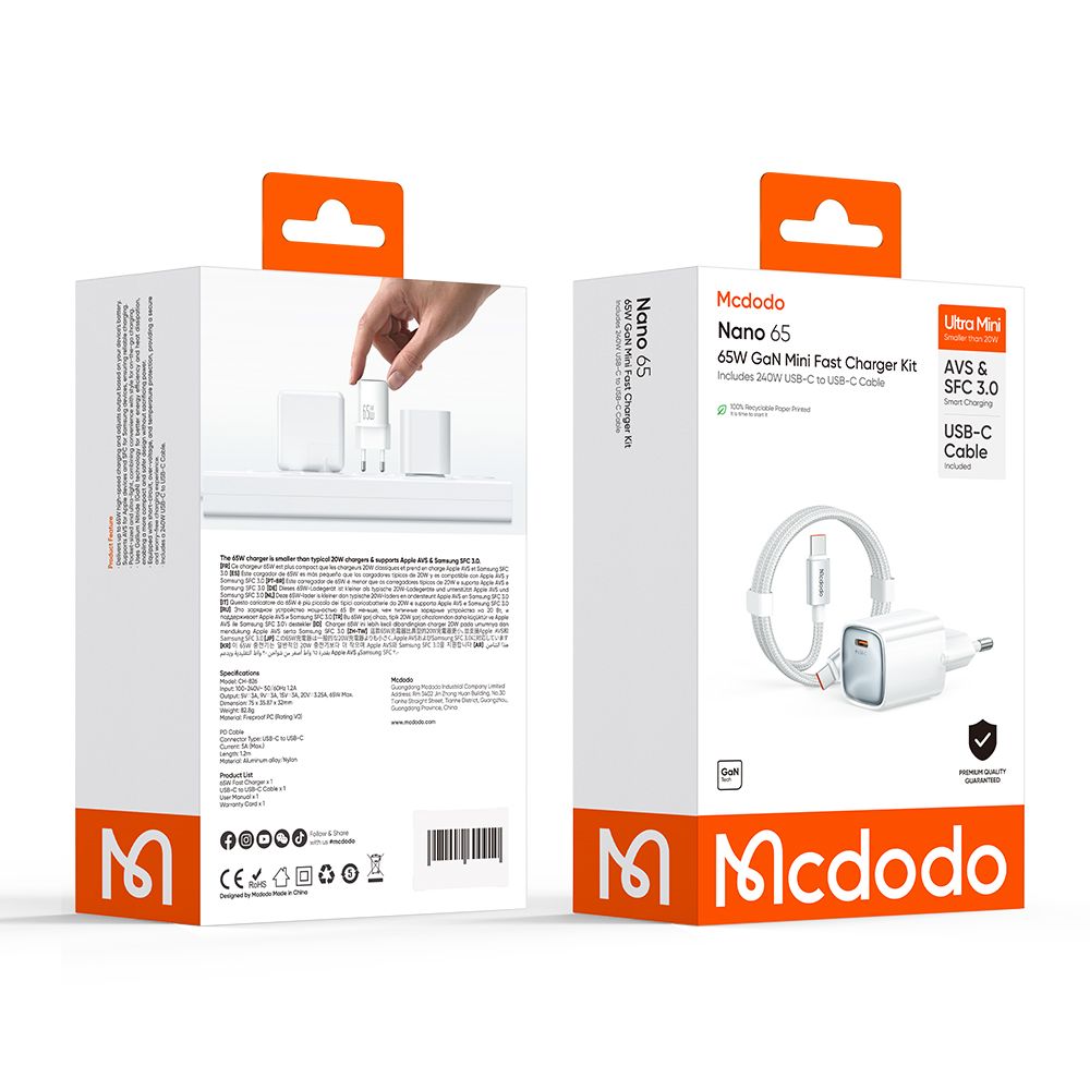 Nettlader med USB-C-kabel Mcdodo Nano CH-8263, 65W, 3,25A, 1 x USB-C, hvit