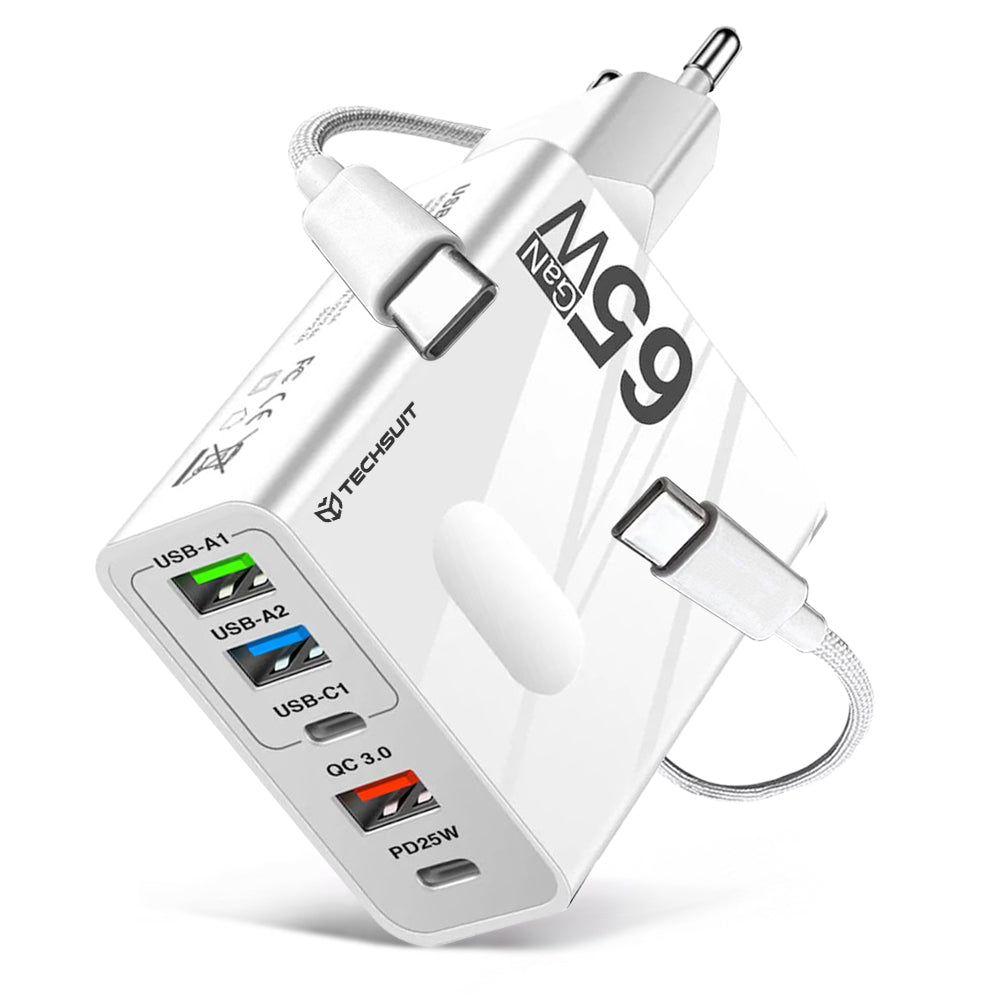 Nettlader med USB-C-kabel Techsuit CHC1 PentaXPower, 25W, 3A, 3 x USB-A - 2 x USB-C, Hvit