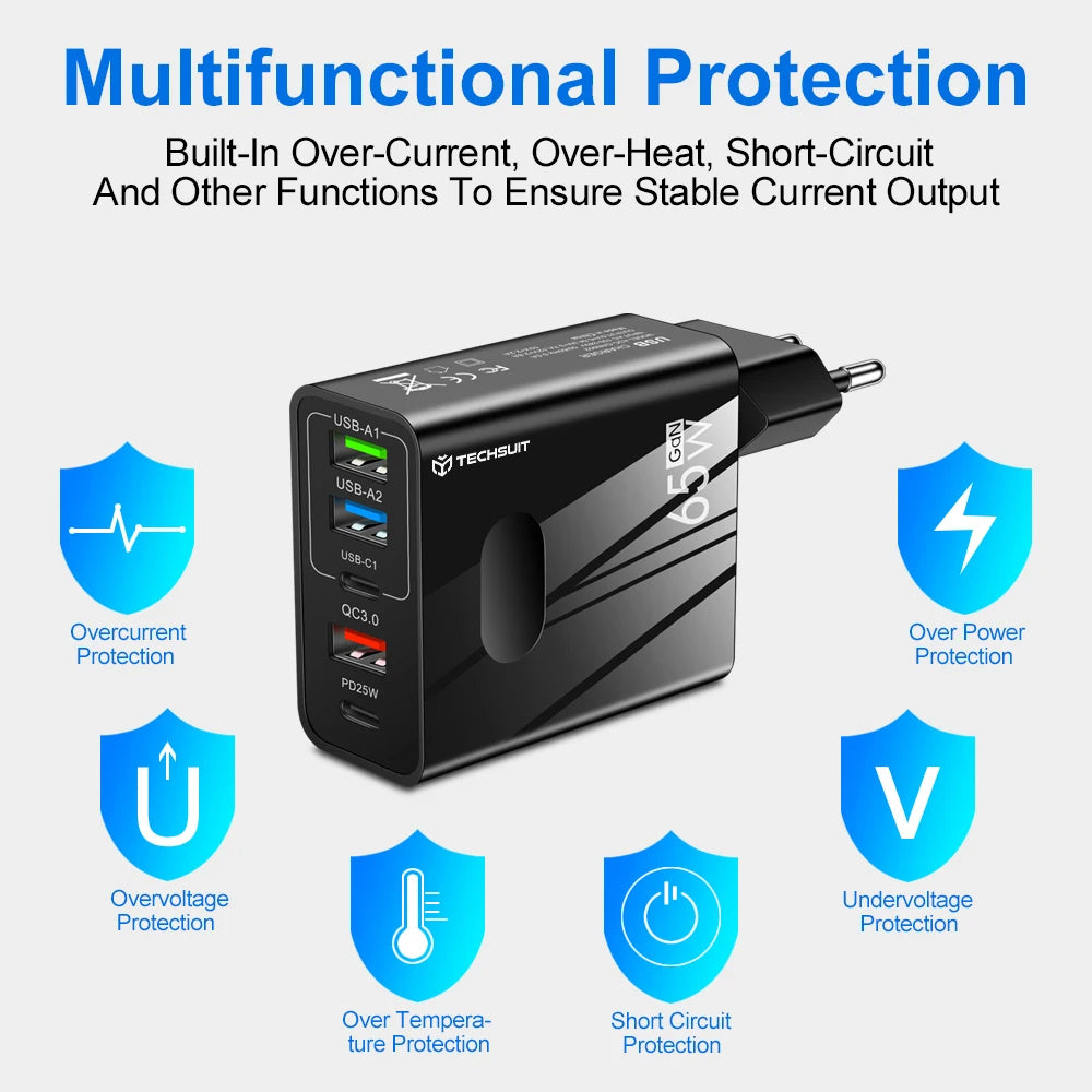 Nettlader med USB-C-kabel Techsuit CHC1 PentaXPower, 25W, 3A, 3 x USB-A - 2 x USB-C, Hvit