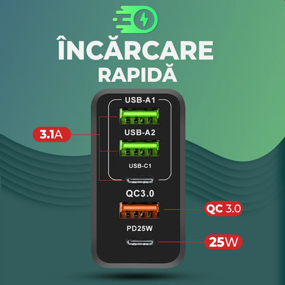 Nettlader med USB-C-kabel Techsuit CHC1 PentaXPower, 25W, 3A, 3 x USB-A - 2 x USB-C, Svart