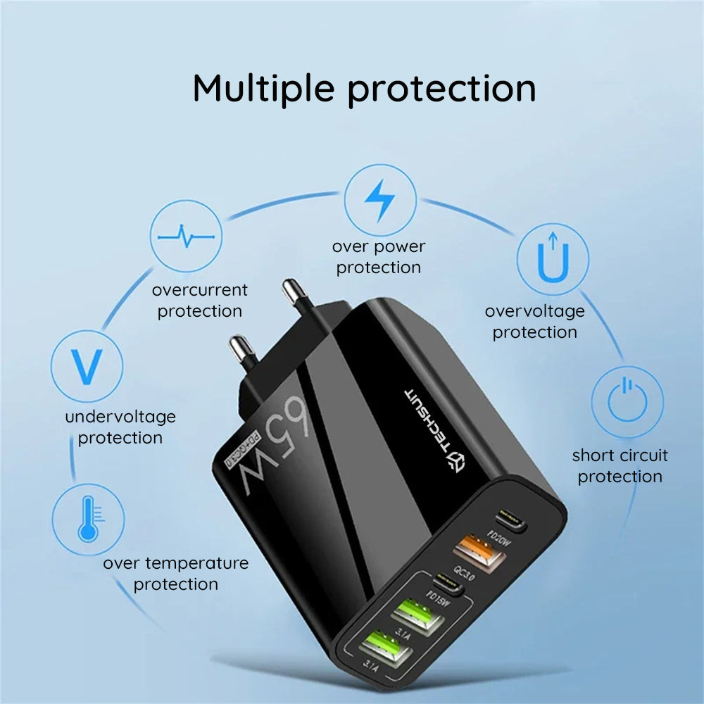 Nettlader med USB-C-kabel Techsuit CHC2 PentaXPower, 20W, 3A, 3 x USB-A - 2 x USB-C, Hvit