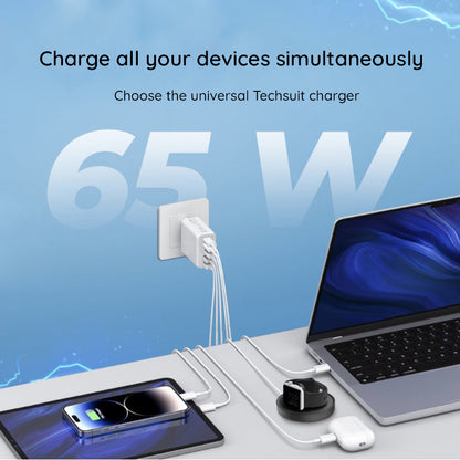 Nettlader med USB-C-kabel Techsuit CHC2 PentaXPower, 20W, 3A, 3 x USB-A - 2 x USB-C, Hvit