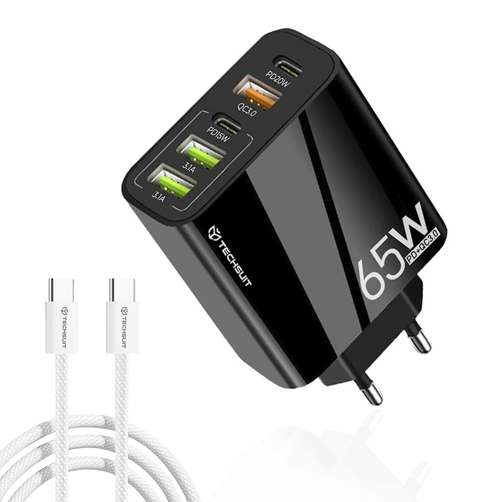Nettlader med USB-C-kabel Techsuit CHC2 PentaXPower, 20W, 3A, 3 x USB-A - 2 x USB-C, Svart