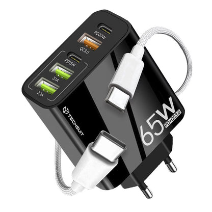 Nettlader med USB-C-kabel Techsuit CHC2 PentaXPower, 20W, 3A, 3 x USB-A - 2 x USB-C, Svart