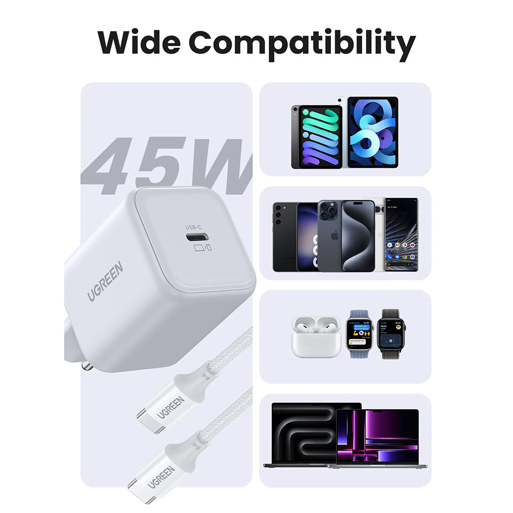 Nettlader med USB-C-kabel UGREEN X524 (65055), 45W, 3A, 1 x USB-C, hvit