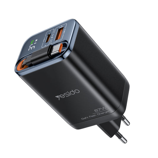 Nettlader med USB-C-kabel Yesido YC100 Display, 67W, 3.35A, 1 x USB-A - 1 x USB-C, Svart