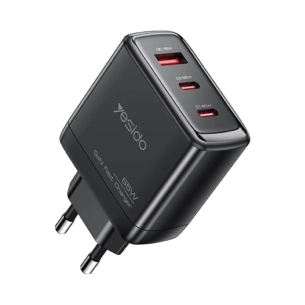 Nettlader med USB-C-kabel Yesido YC144C, 65W, 3.25A, 1 x USB-A - 2 x USB-C, Svart