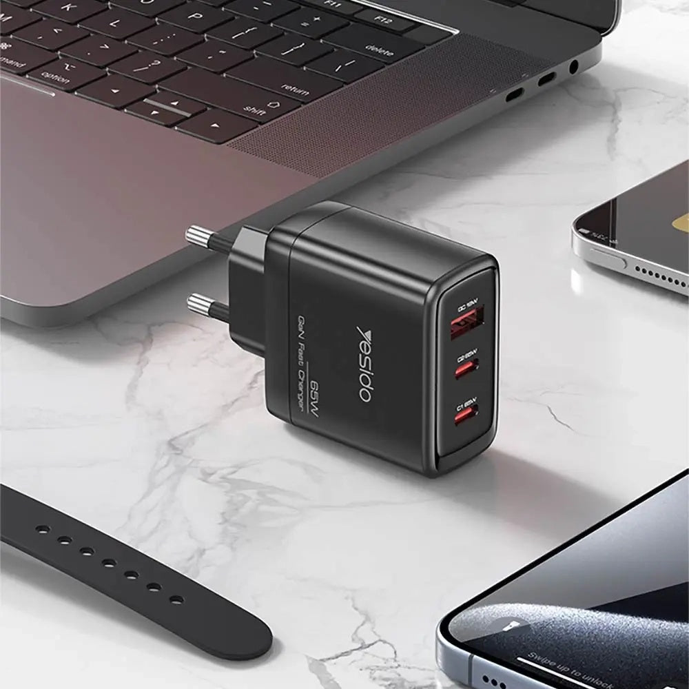 Nettlader med USB-C-kabel Yesido YC144C, 65W, 3.25A, 1 x USB-A - 2 x USB-C, Svart