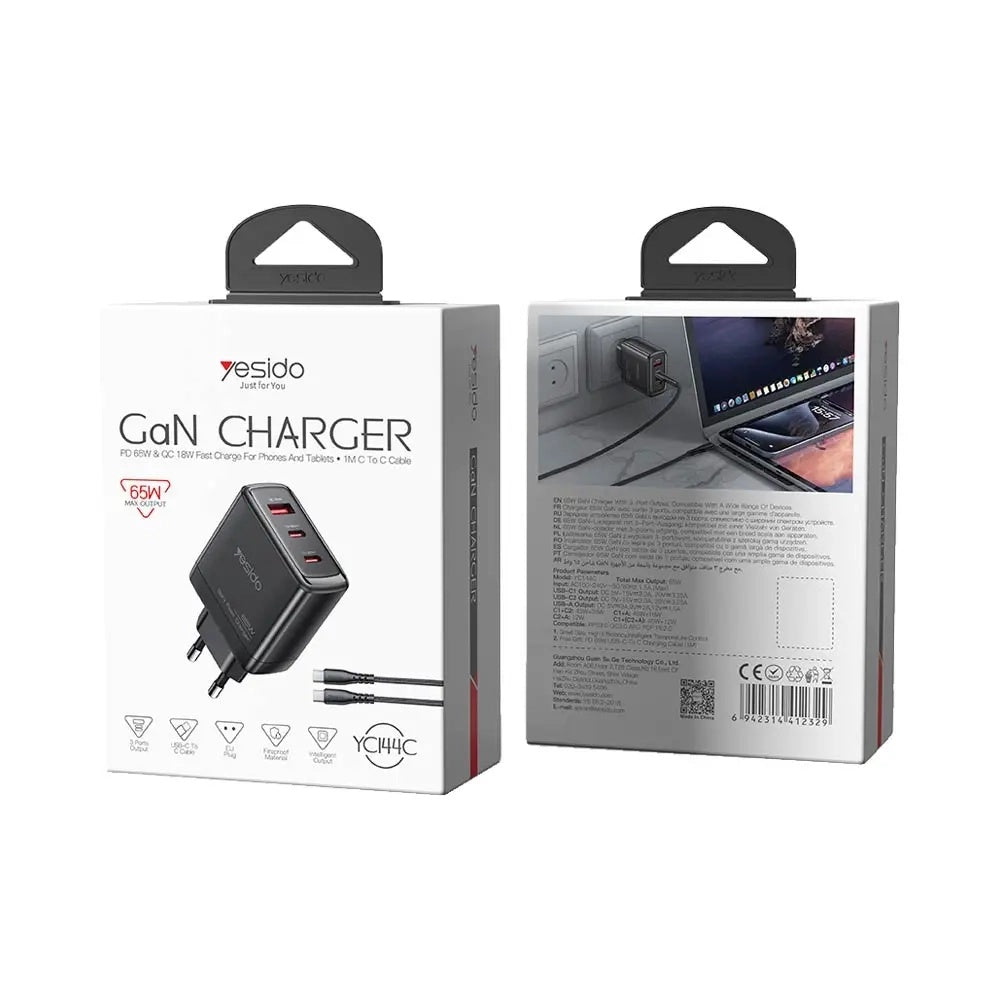 Nettlader med USB-C-kabel Yesido YC144C, 65W, 3.25A, 1 x USB-A - 2 x USB-C, Svart
