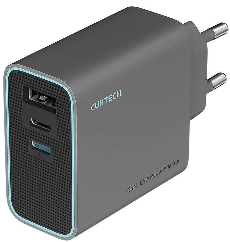 Cuktech Nettlader, 65W, 3A, 1 x USB-A - 2 x USB-C, Grå CUKAD653EUGR