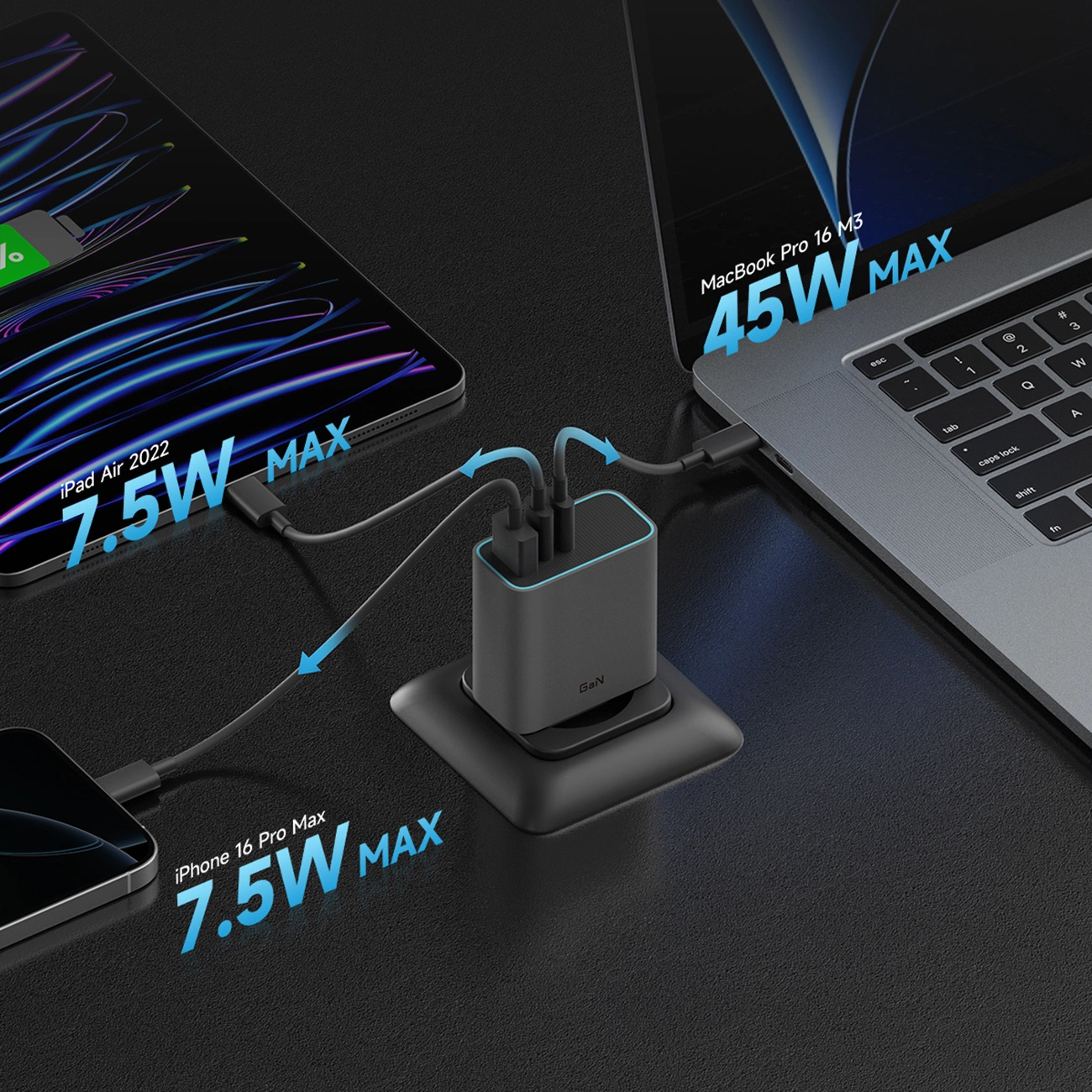 Cuktech Nettlader, 65W, 3A, 1 x USB-A - 2 x USB-C, Grå CUKAD653EUGR