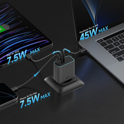 Cuktech Nettlader, 65W, 3A, 1 x USB-A - 2 x USB-C, Grå CUKAD653EUGR