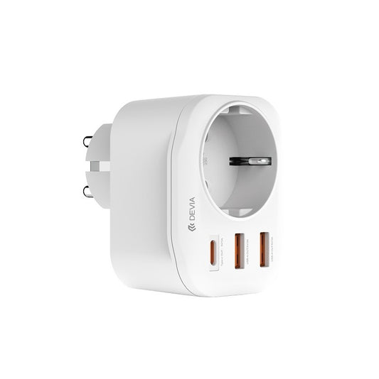 Nettlader DEVIA WW09-F-PD, 20W, 3A, 2 x USB-A - 1 x USB-C - 1 x Schuko, Hvit