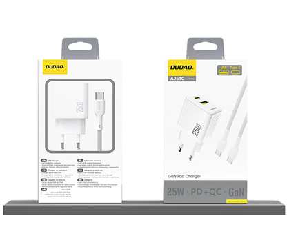 Dudao A26T nettverkslader, 25W, 3A, 1 x USB-A - 1 x USB-C, Hvit