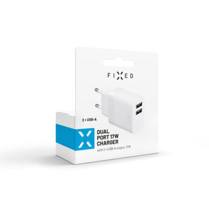 Nettlader Fixed, 17W, 3A, 2 x USB-A, Hvit