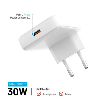Nettlader Fixed, 30W, 3A, 1 x USB-C, Hvit
