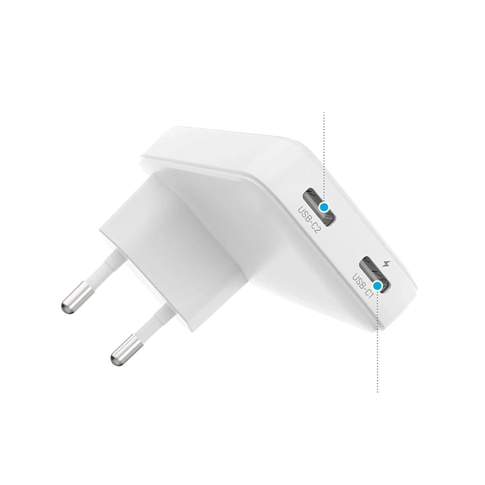 Lader Fixed Slim, 45W, 3A, 2 x USB-C, Hvit