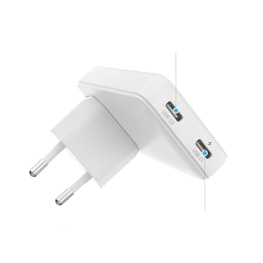 Lader for nettverk Fixed Travel, 45W, 3A, 2 x USB-C, Hvit