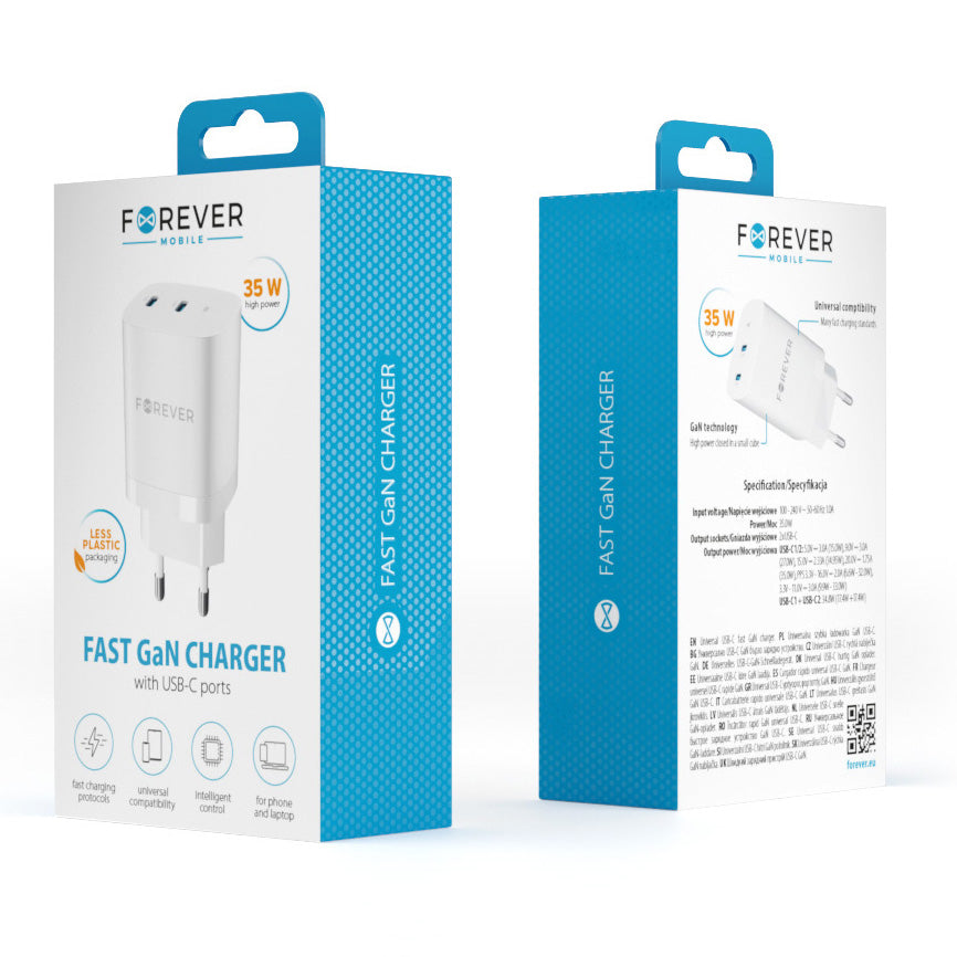 Lader Nettverk Forever TC-05-35CC, 35W, 3A, 2 x USB-C, Hvit