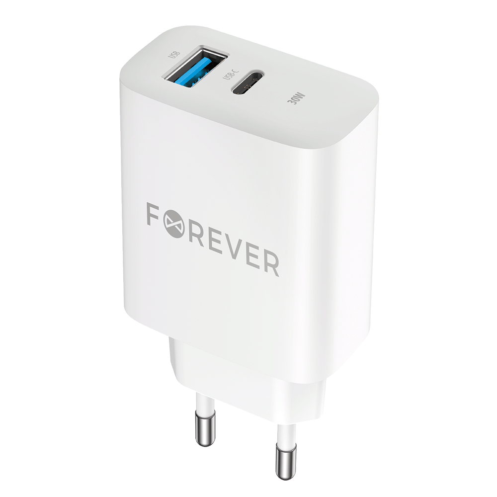 Nettverkslader Forever TC-07-30AC, 30W, 3A, 1 x USB-A - 1 x USB-C, hvit
