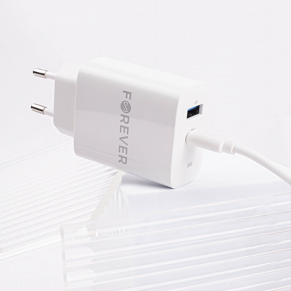 Nettverkslader Forever TC-07-30AC, 30W, 3A, 1 x USB-A - 1 x USB-C, hvit