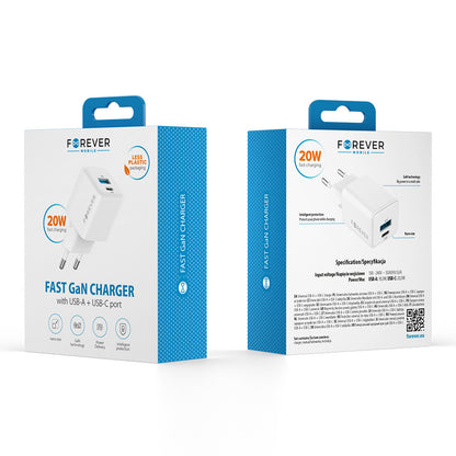 Forever TC-08-20AC Nettlader, 20W, 3A, 1 x USB-A - 1 x USB-C, Hvit