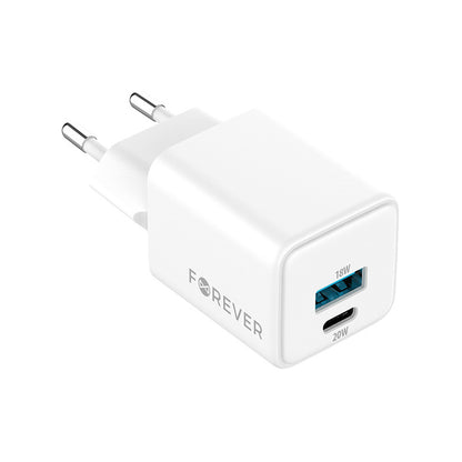 Forever TC-08-20AC Nettlader, 20W, 3A, 1 x USB-A - 1 x USB-C, Hvit