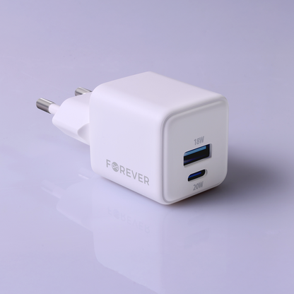 Forever TC-08-20AC Nettlader, 20W, 3A, 1 x USB-A - 1 x USB-C, Hvit