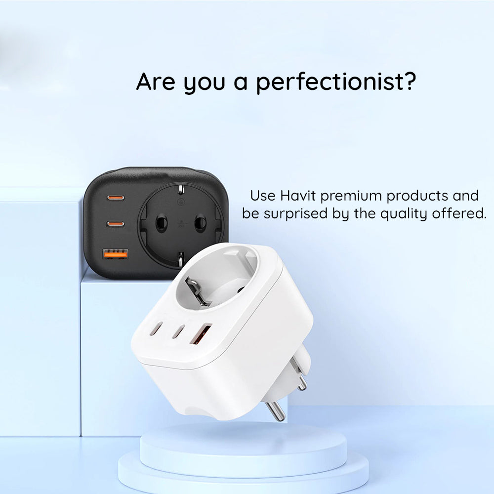 Nettlader HAVIT UC142, 30W, 3A, 1 x USB-A - 2 x USB-C - 1 x Schuko, Svart
