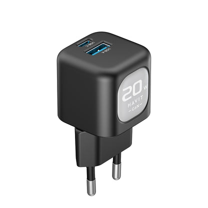 Nettlader HAVIT UC220, 20W, 3A, 1 x USB-A - 1 x USB-C, Svart Grå