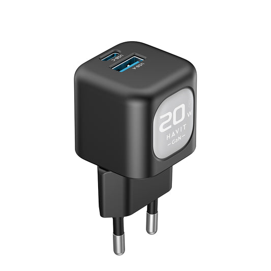 Nettlader HAVIT UC220, 20W, 3A, 1 x USB-A - 1 x USB-C, Svart Grå