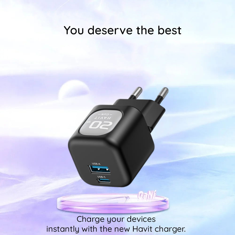 Nettlader HAVIT UC220, 20W, 3A, 1 x USB-A - 1 x USB-C, Svart Grå